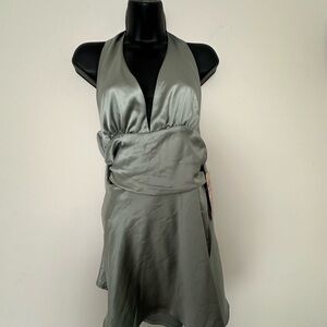 Emerald Sundae Backless Satin Dress in Sage Green